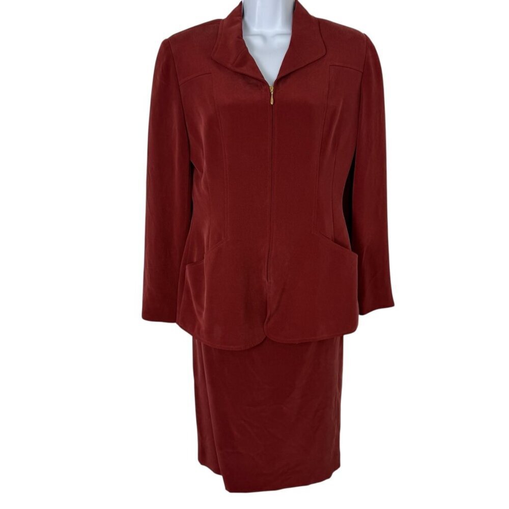 Jones New York Two Piece Skirt Suit Set 100% Silk Rust Red Career Office Size 6